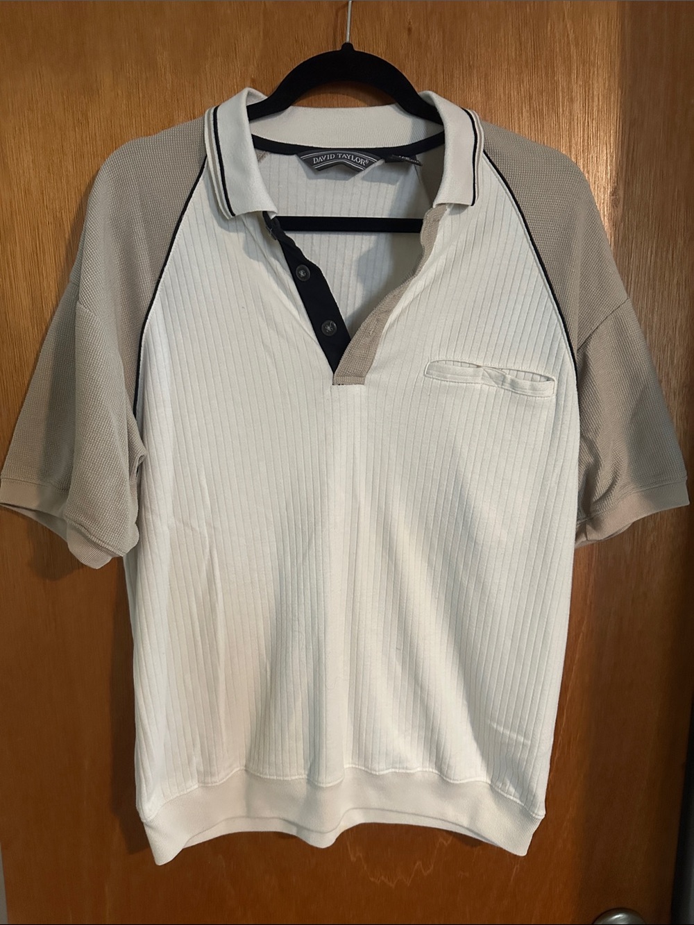David Taylor Cream Polo with Tan Raglan Sleeves